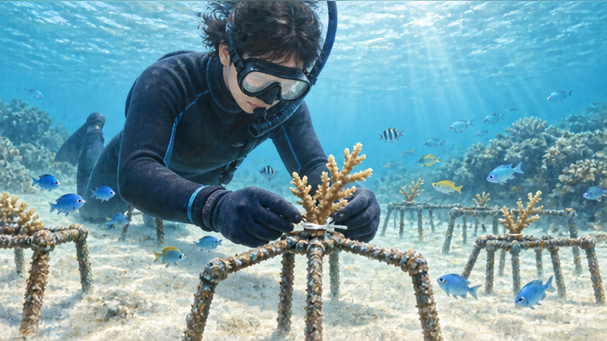 漁業者がサンゴの苗を海中の台座に移植している様子を描いたイラスト