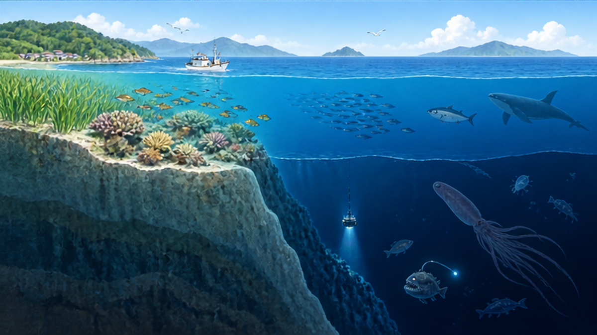 外洋と深海を含む広い海域を俯瞰し、沿岸の保護区から沖合まで保全の範囲が広がるイメージ図