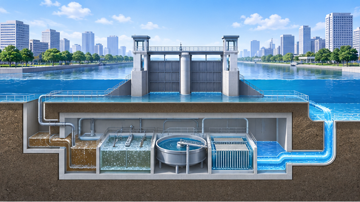 都市河川の水門と水質浄化施設の断面図イラスト