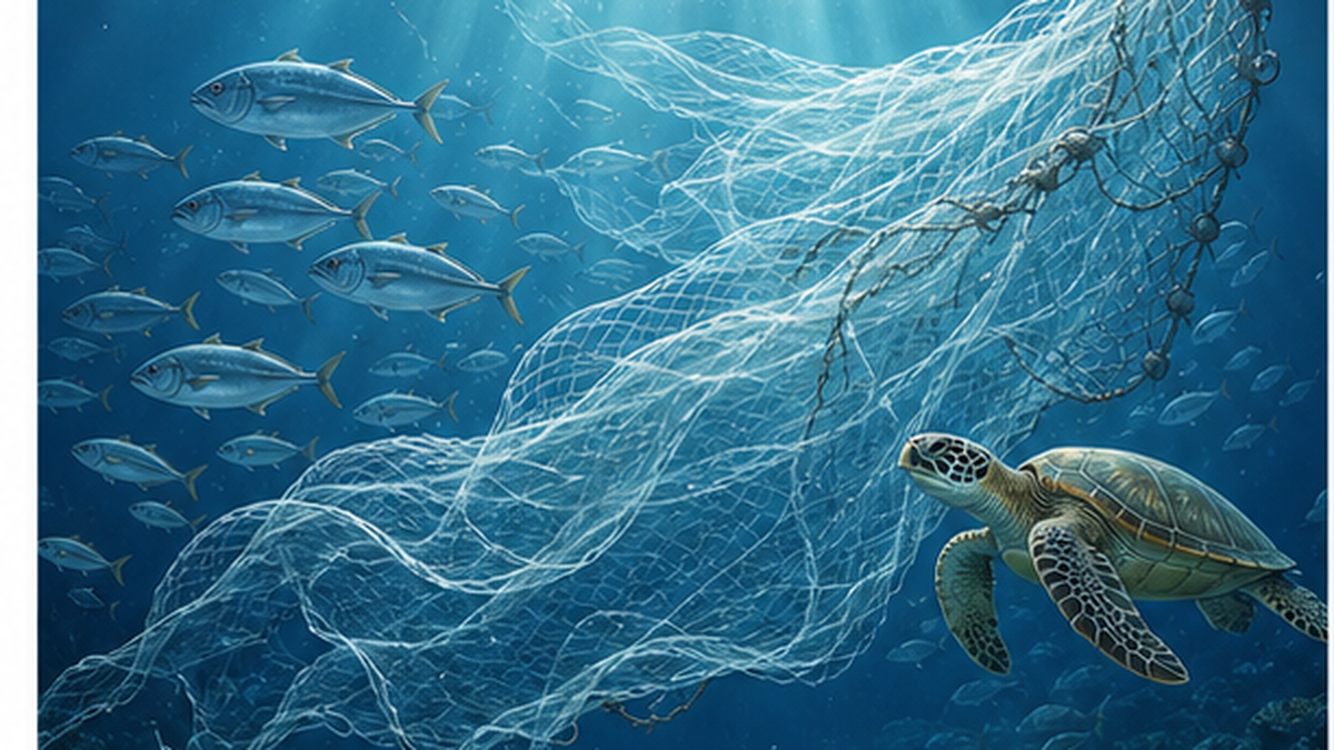 海中を漂う幽霊漁網に魚やウミガメが絡まっている様子を描いた図
