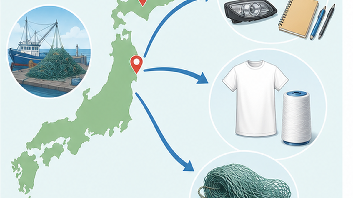 日本の廃漁網リサイクルの三つのアプローチを示す図解。工業部品・アパレル・漁網への再生
