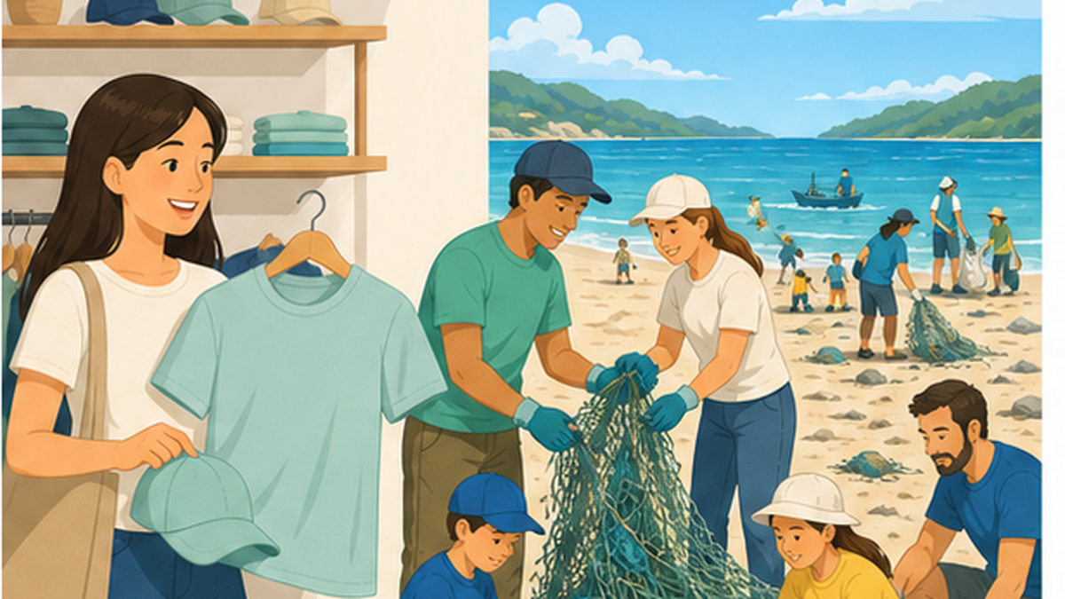 再生ナイロン製品を選ぶ買い物客と、漁網回収イベントに参加する人々を描いた明るいイラスト