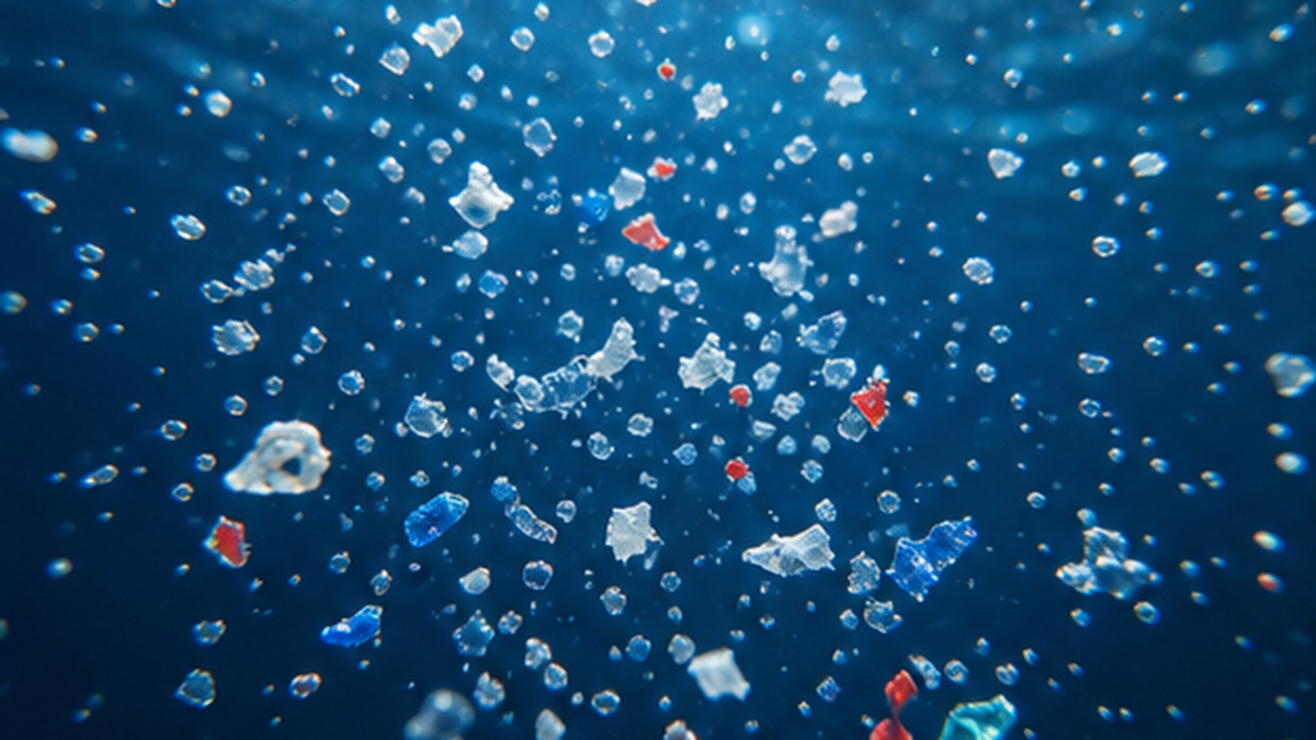 海面を漂う色とりどりのマイクロプラスチックの粒子