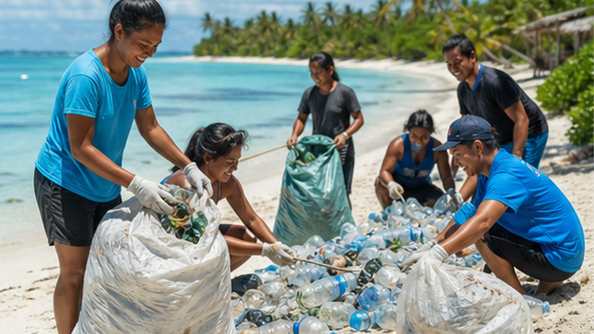 熱帯の島の海岸で回収袋にプラスチックごみを集める人々