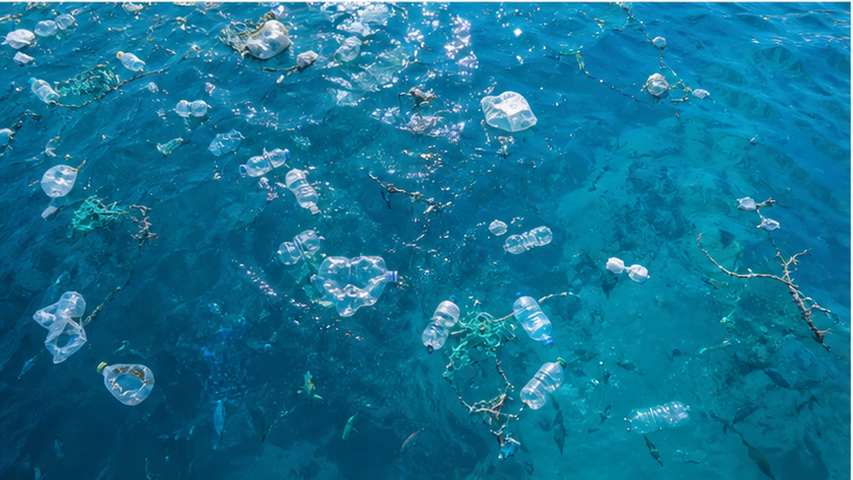 青い海面に無数のプラスチックごみが漂う俯瞰イメージ