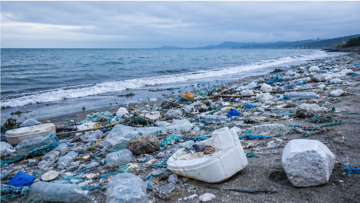 海岸に打ち上げられた大量のプラスチックごみと漂着物のイメージ