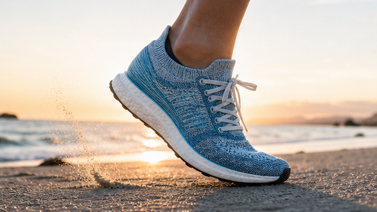 早朝の海沿いの道をランニングシューズで走るランナーの足元イメージ