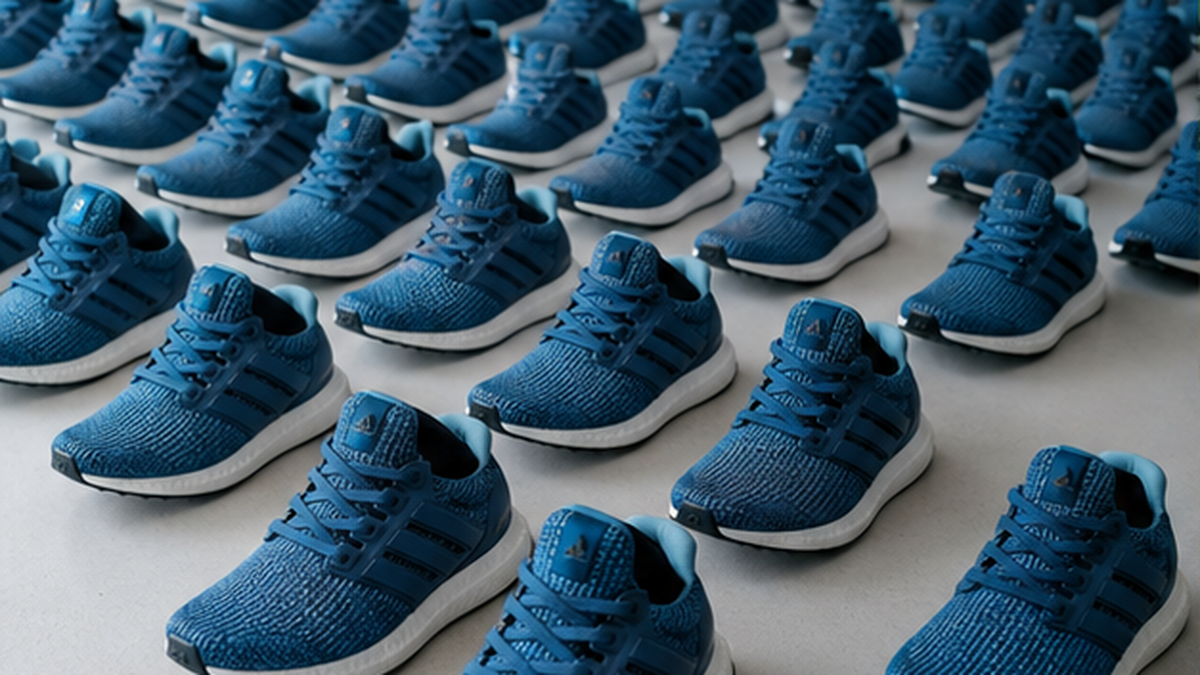 年々増えるParley素材シューズの生産量をイメージした青いシューズの並ぶ光景