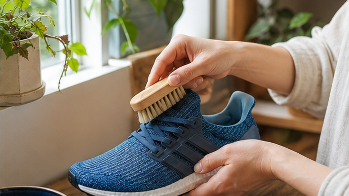 玄関に並んだランニングシューズを手入れする穏やかな暮らしのイメージ