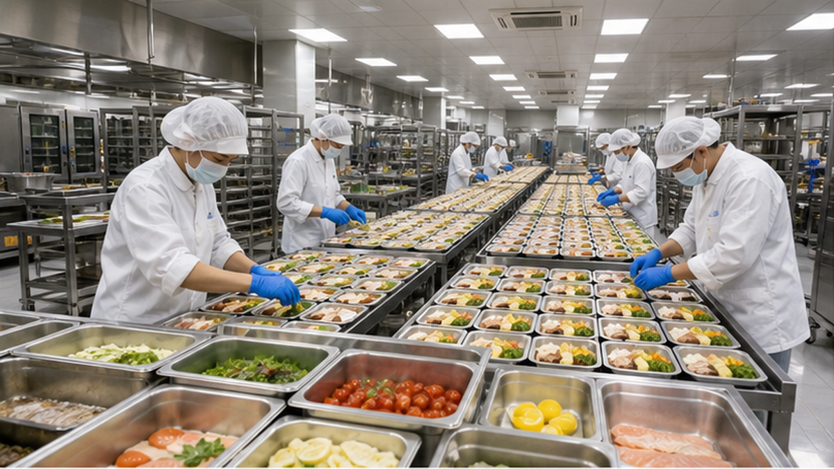 ケータリング工場で機内食のトレーが並び、認証食材が仕分けられている様子のイメージ