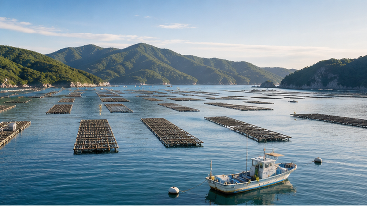 三陸のカキ養殖いかだが間隔を空けて並ぶ穏やかな湾の風景