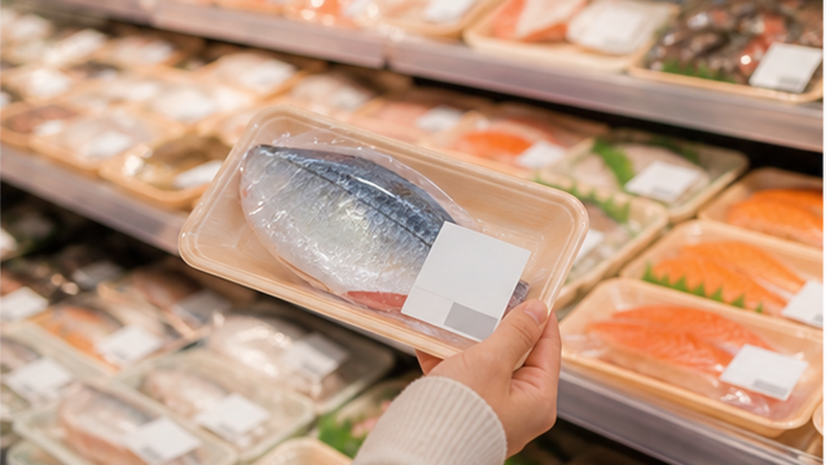 スーパーの鮮魚売り場で認証ラベルの付いたパックを手に取る消費者のイメージ