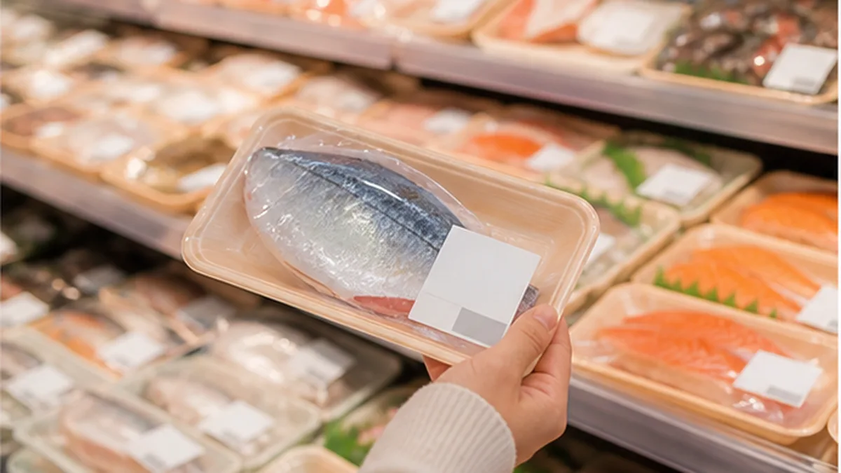 スーパーの鮮魚売り場で認証ラベルの付いたパックを手に取る消費者のイメージ