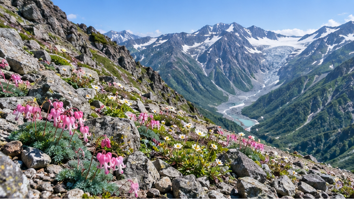 Alpine plants scattered across a rocky alpine slope