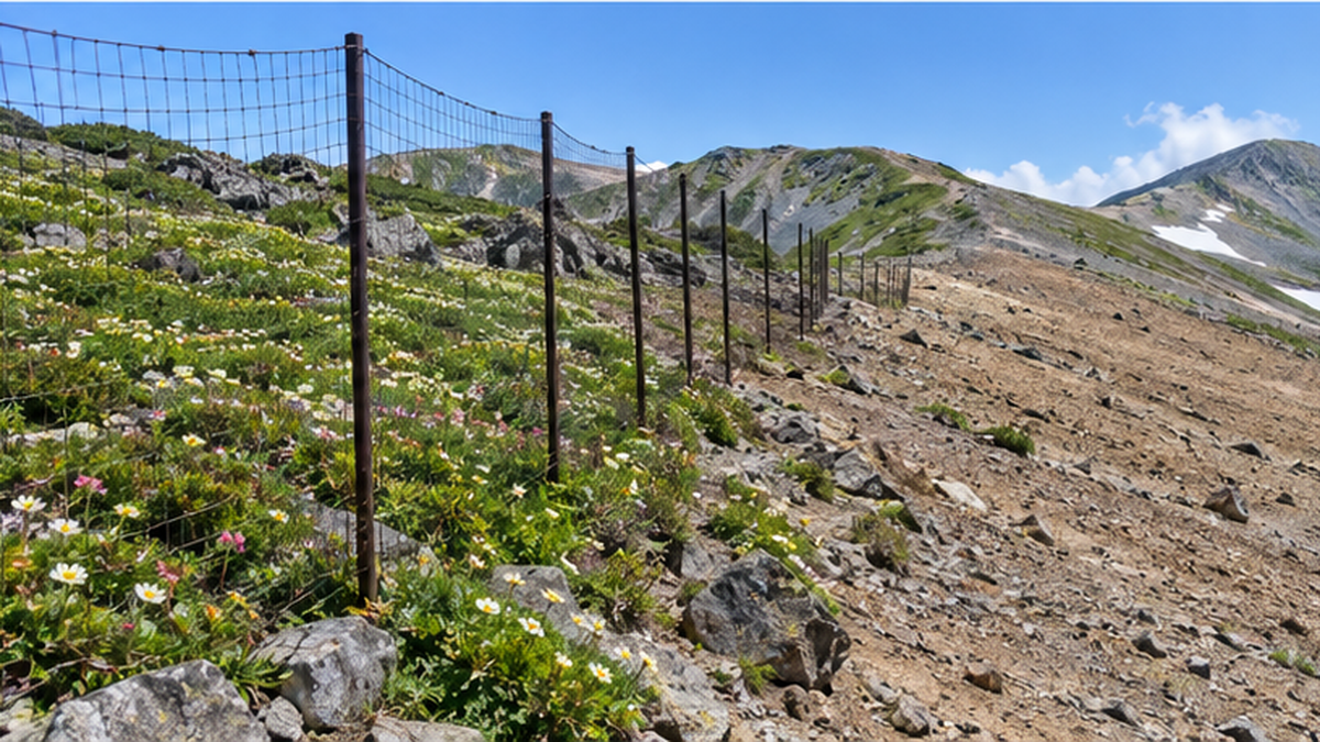A deer-proof fence on an alpine slope with alpine plants blooming inside it