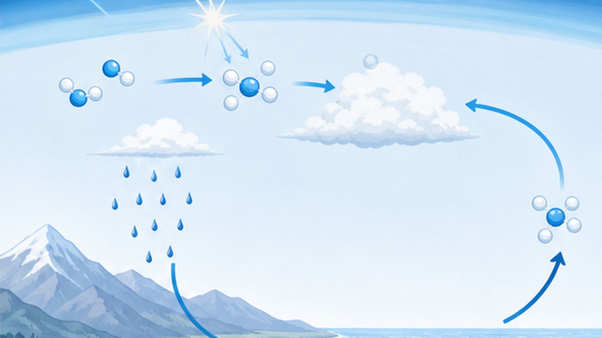 宇宙線が大気中でトリチウムを生成し雨として地表に降る自然の循環を描いた図解