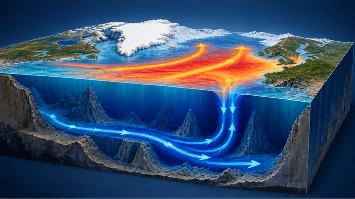 AMOCの表層の暖流と深層の冷たい戻り流を示す概念図