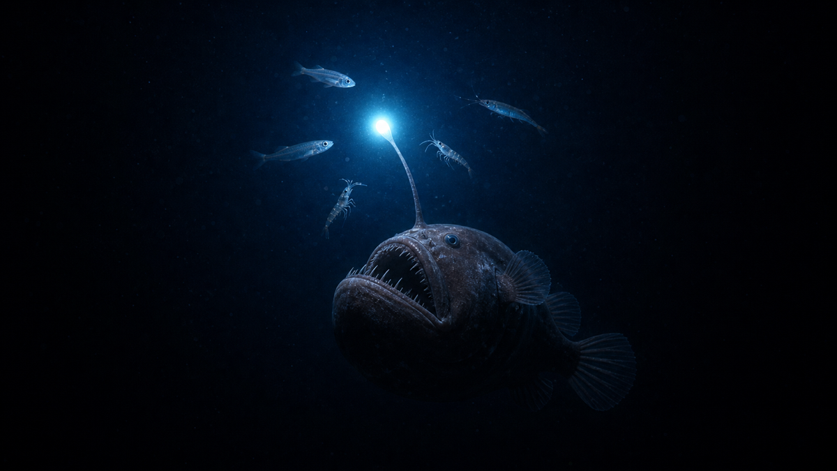 発光するエスカに小型のエビや魚が引き寄せられ、待ち構えた大きな口に近づく狩りの模式図