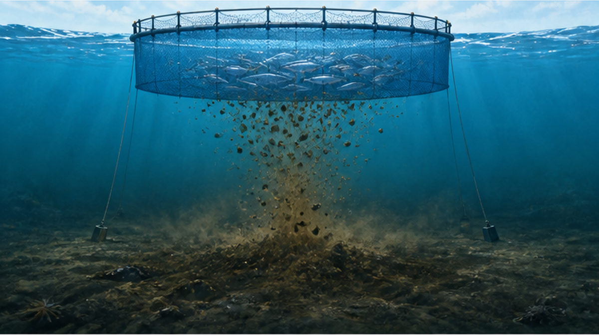 養殖いけすの下に残餌と糞が堆積し、海底が貧酸素化するメカニズムの断面図