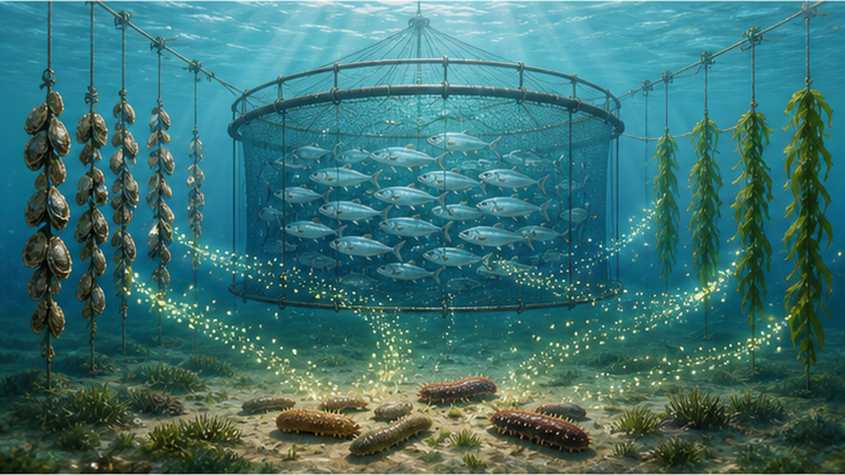 魚・二枚貝・海藻・ナマコを組み合わせたIMTA（複合養殖）の海中イメージ