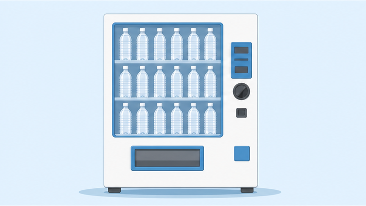 2026年の省令改正でラベルレスボトルが自動販売機でも販売できるようになる様子のイラスト