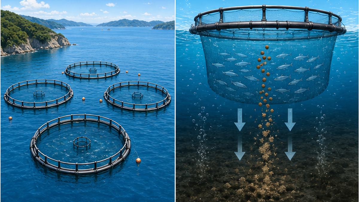 沿岸に並ぶ養殖いけすを上空から見たイメージと、餌やふんが海底にたまる様子の断面図
