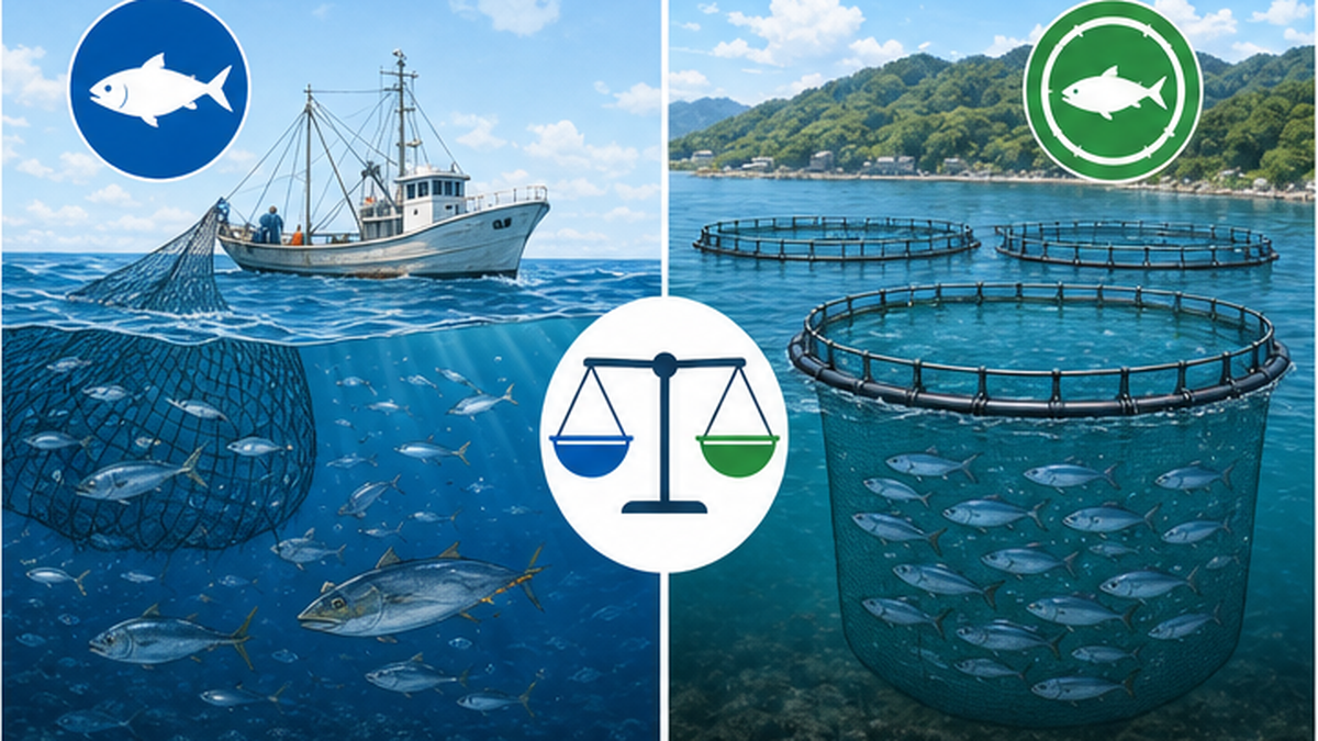 MSCは天然魚、ASCは養殖魚を対象とすることを対比で示した図解