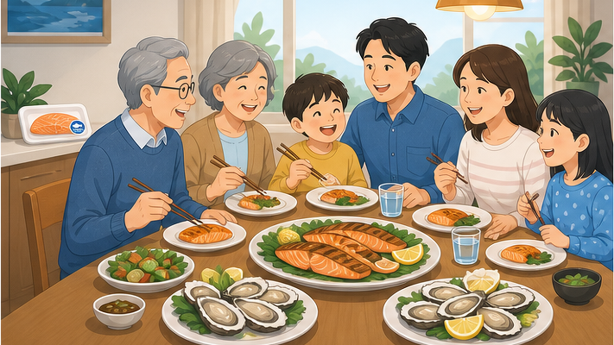 サステナブルシーフードが並ぶ食卓と、それを選ぶ家族のあたたかいイメージ