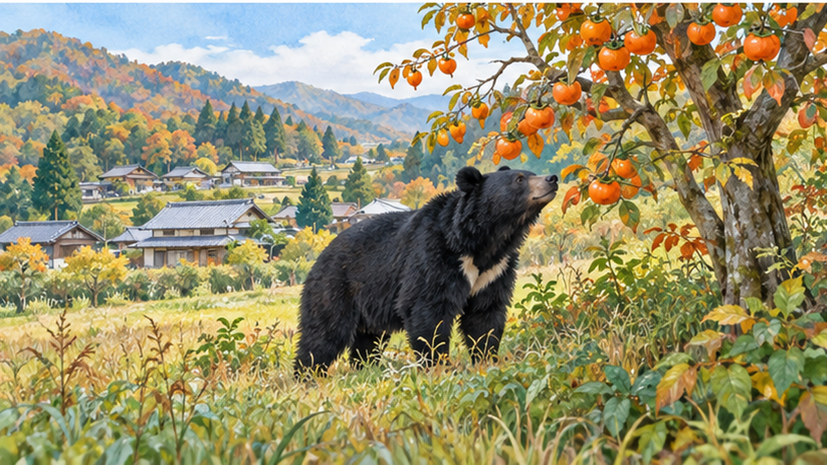 秋の集落に近い里山に姿を見せるツキノワグマ