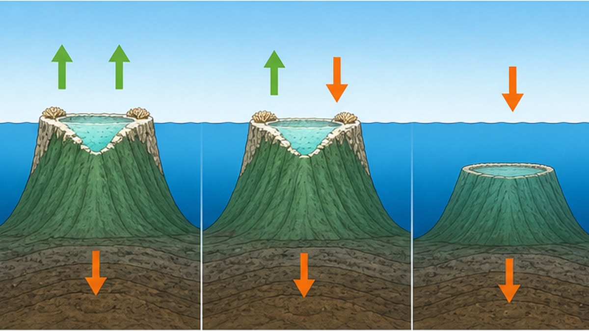 サンゴの成長速度と海底の沈降速度が拮抗する様子を示す概念図