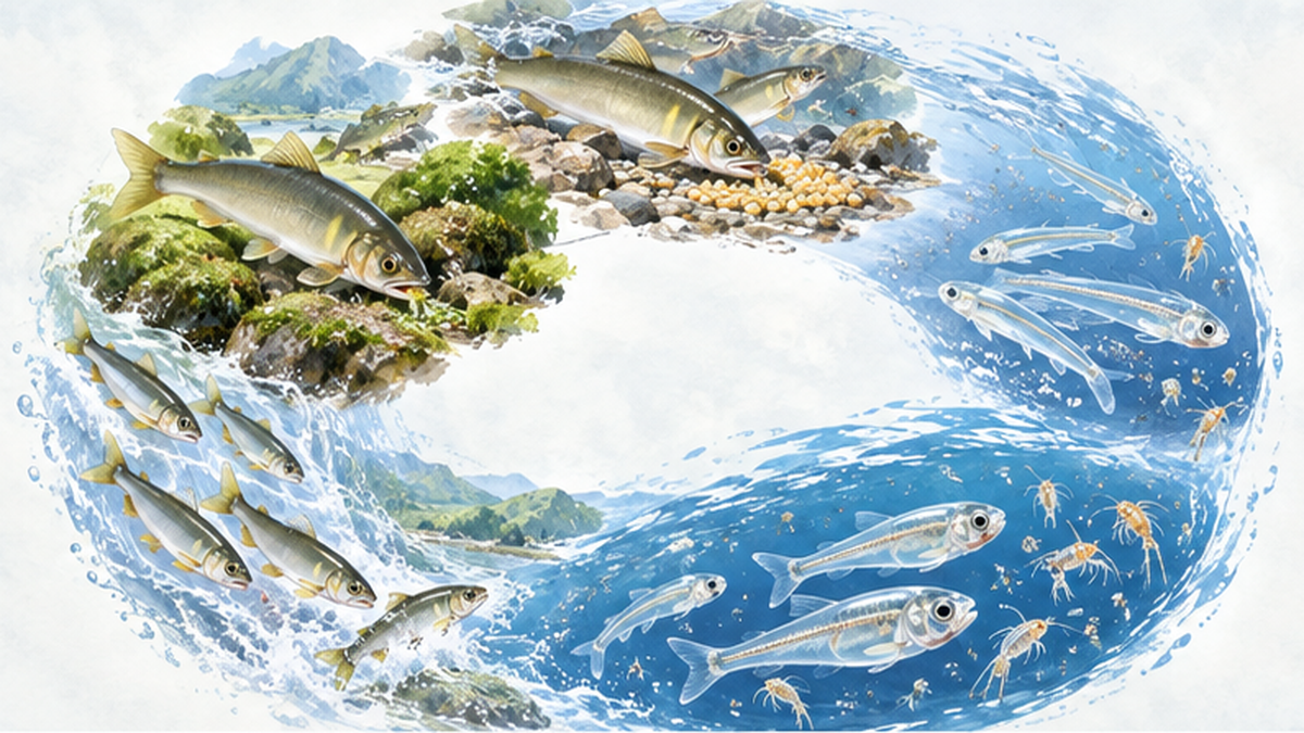 アユの一生を表す環状の図解。川での産卵、海での仔魚期、春の遡上、夏の成長が円環状に描かれている