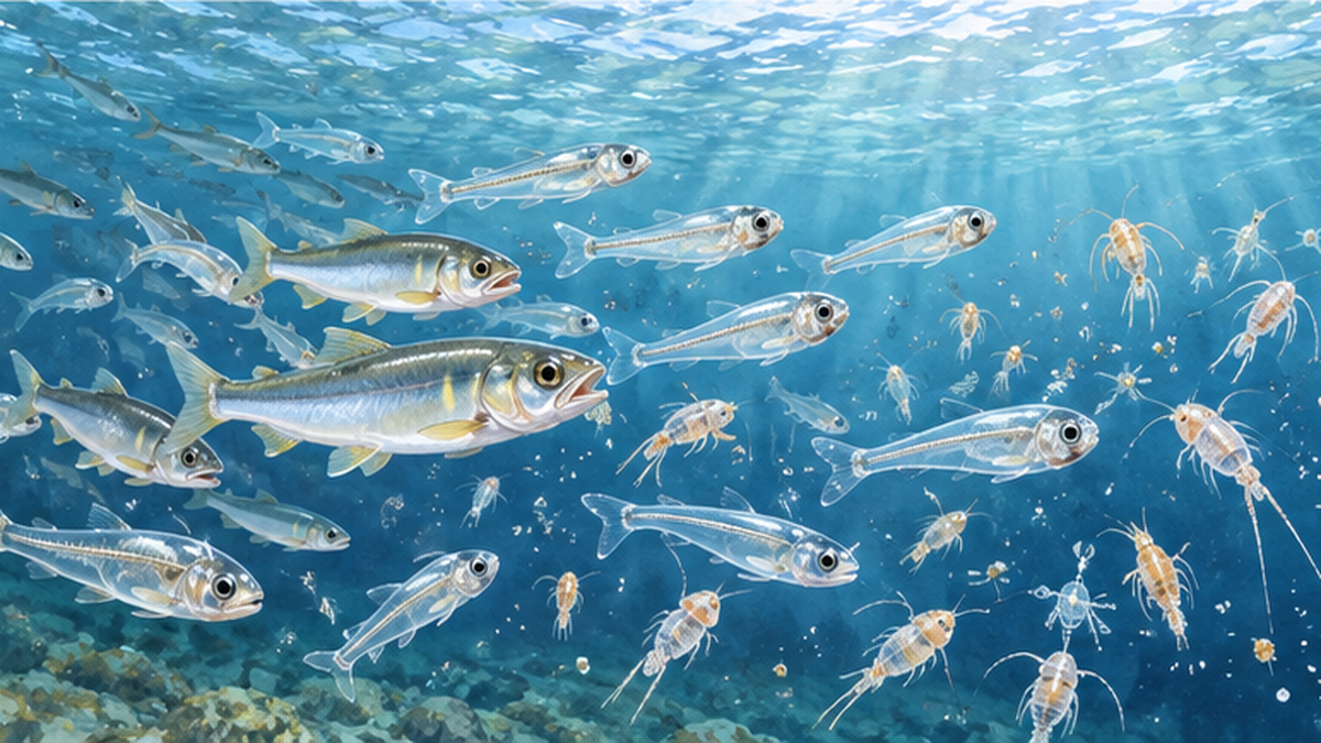 河口付近の海で群れる半透明のアユの仔稚魚と、動物プランクトンを描いた図