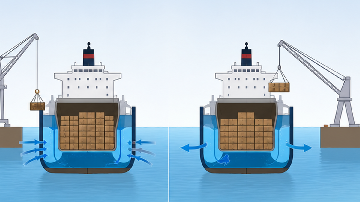 バラスト水の積み込みと排出の仕組みを示す図解。荷降ろし港で海水を積み、荷積み港で排出する流れ