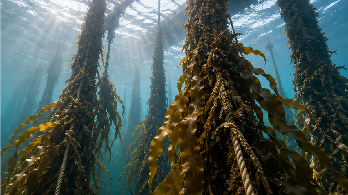 海外の沿岸で繁茂するワカメと、それに覆われる養殖施設のイメージ