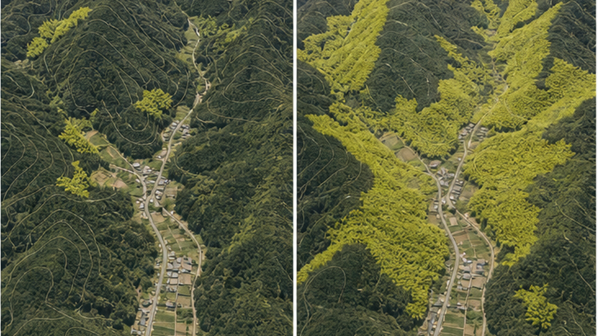 1975年と2005年の竹林分布を重ねて示し、30年間で竹林が斜面全体に拡大した様子を表す図
