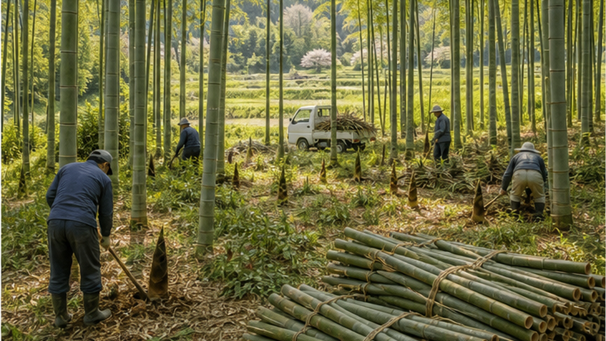 地域の人々が竹林で伐採やたけのこ堀りを行い、明るい林床が戻った里山の様子