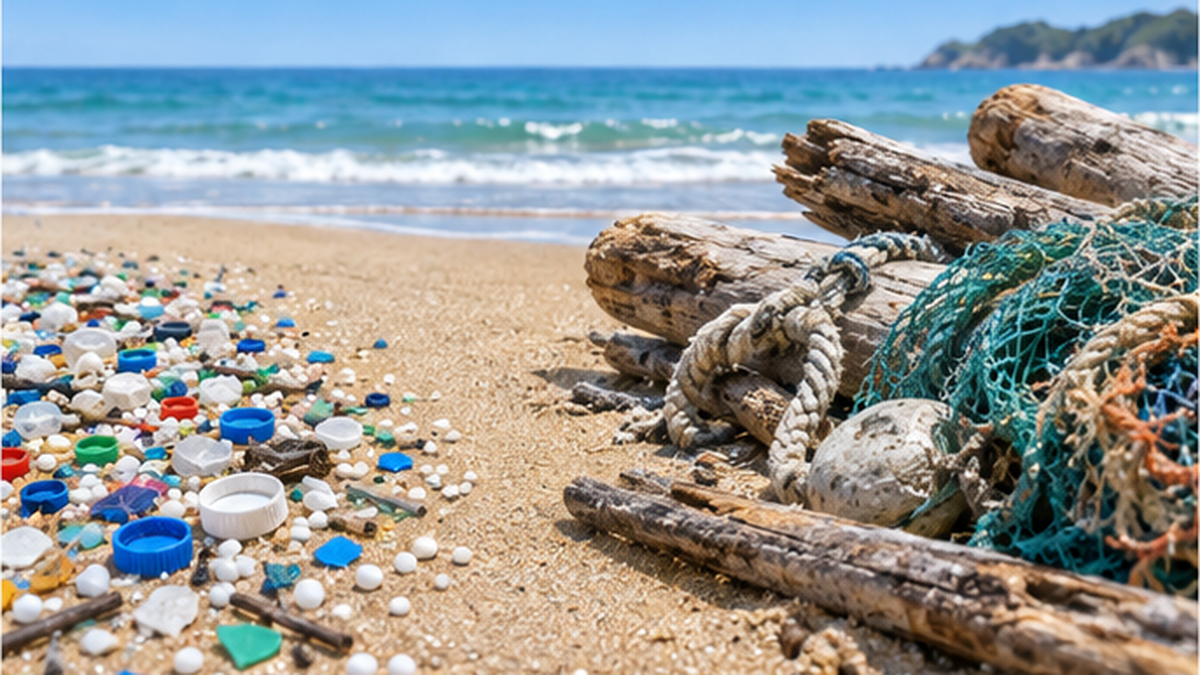砂浜に散らばる漂着ごみの内訳を示す図。個数はプラスチック片やキャップが多く、重量は流木や漁網ロープが多いことを表す