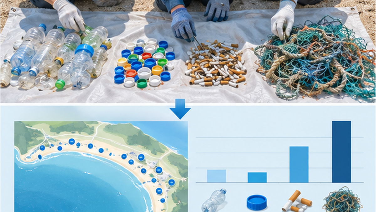海岸で拾ったごみを品目ごとに並べて記録し、地図上のデータに変換していく流れを示す図