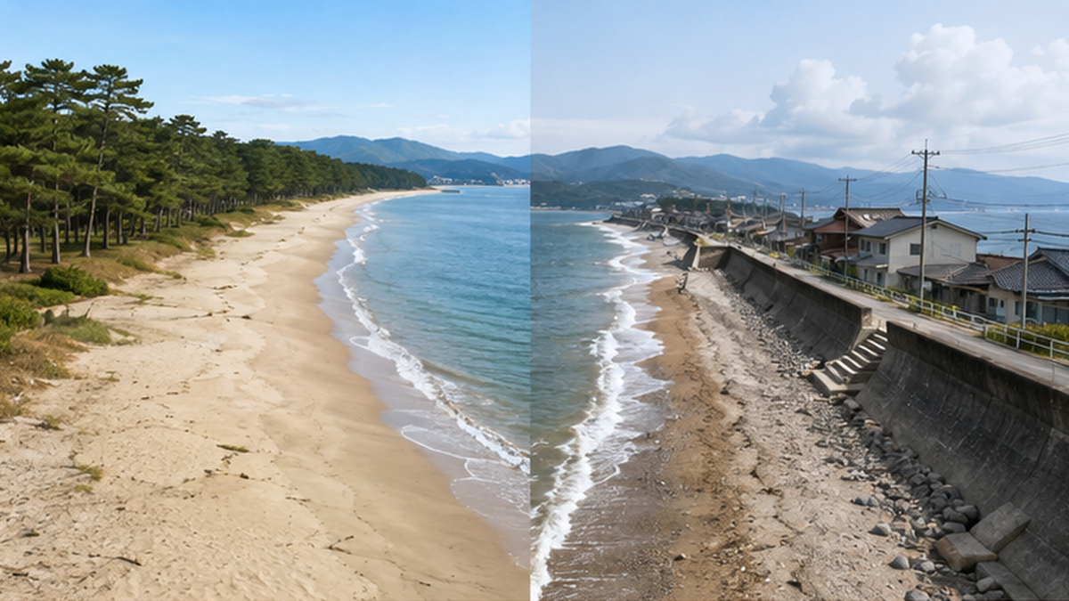 Illustration contrasting Japan's thinned, seawall-encroached beaches with the wider beaches of the past