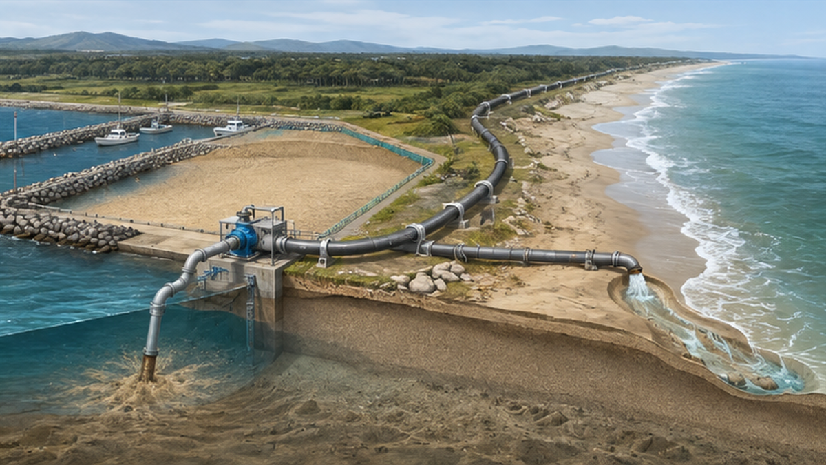 Diagram showing a sand bypass system transporting sand accumulated at a fishing port through a pipeline to an eroding beach