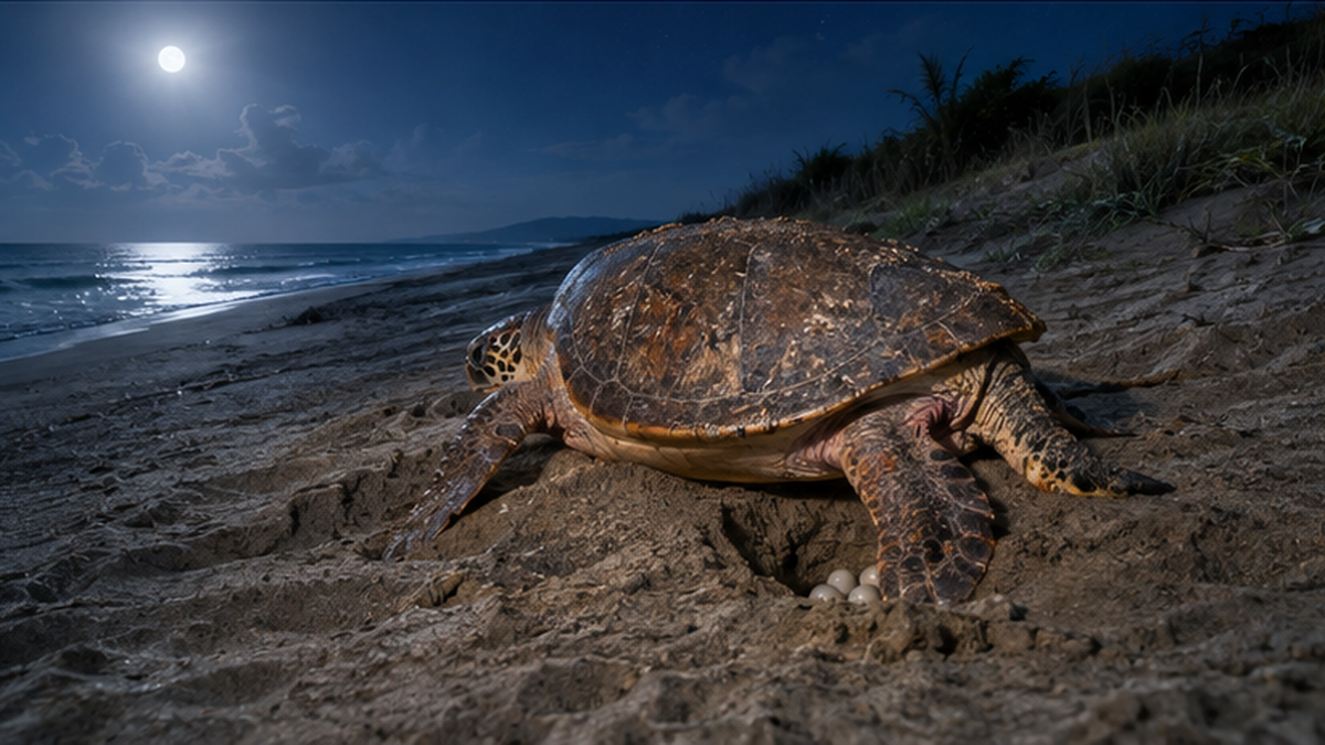 Illustration of a sea turtle coming ashore at night to nest, with a wide beach stretching behind it