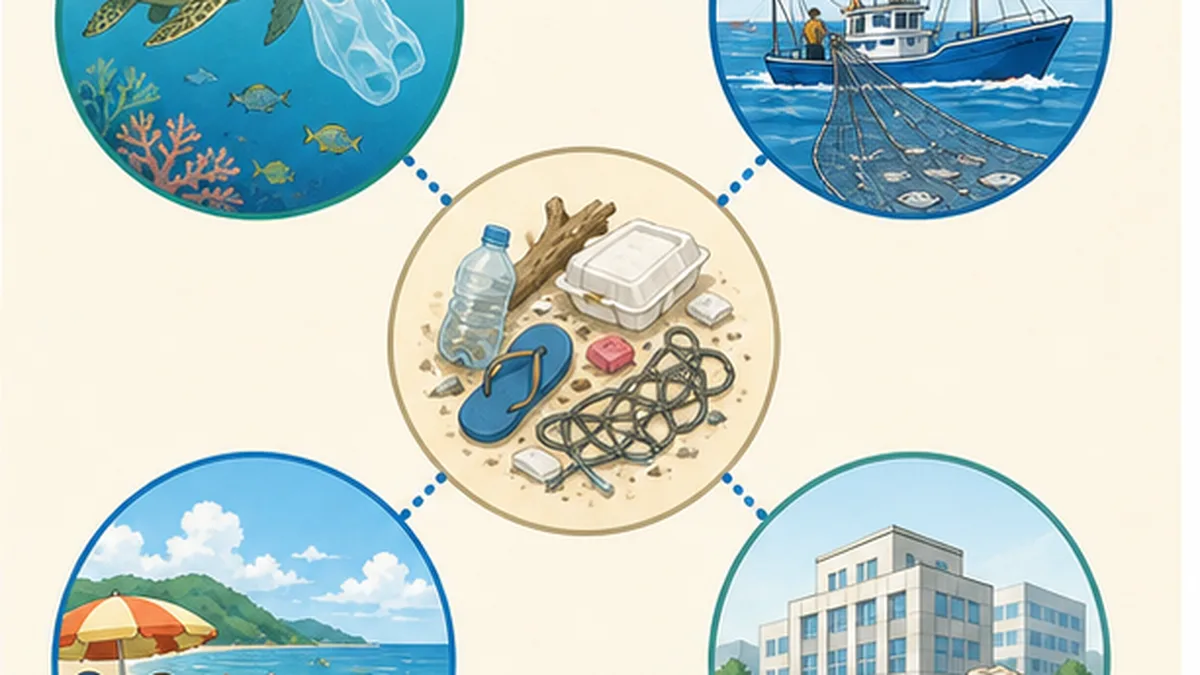 Radial diagram showing beach litter impacts on ecosystems, fisheries, tourism, and municipal budgets