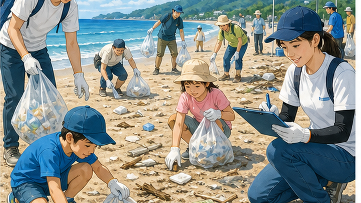 砂浜でごみを拾いながら記録用紙に品目を書き込む参加者たちのイラスト