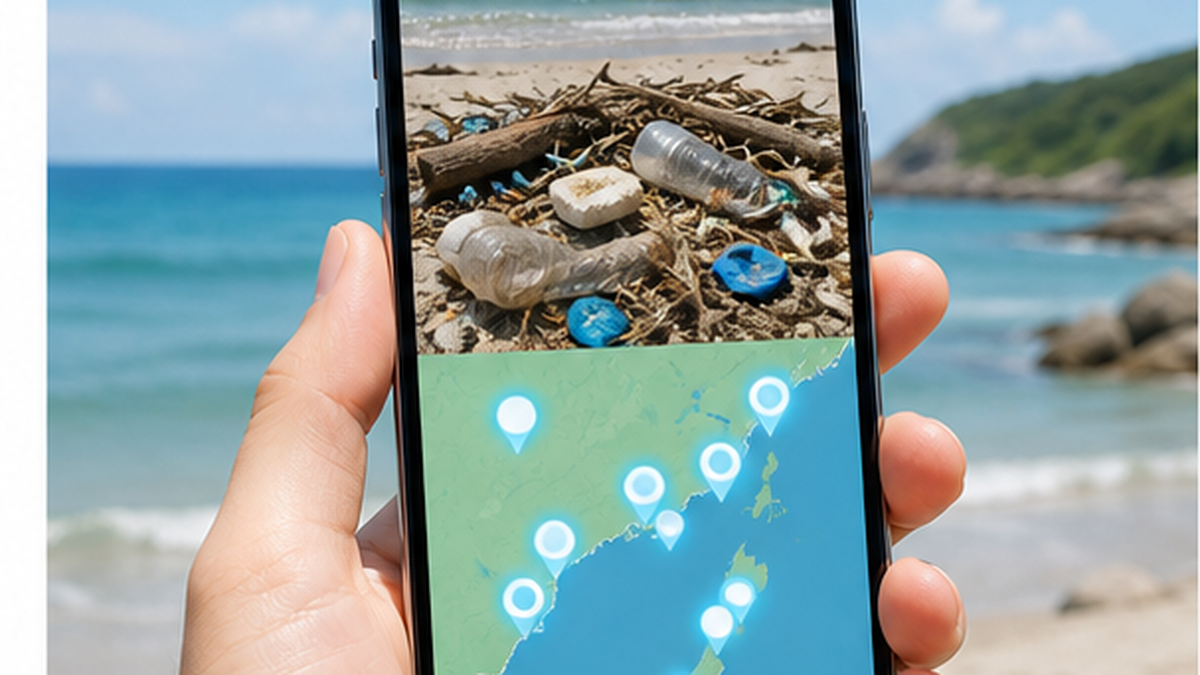 スマートフォンで拾ったごみを撮影・記録し、地図上にデータが蓄積されるイメージ図