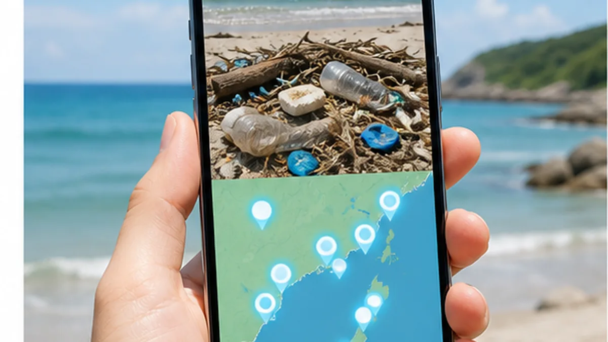 Illustration of recording collected litter by smartphone with data accumulating on a map