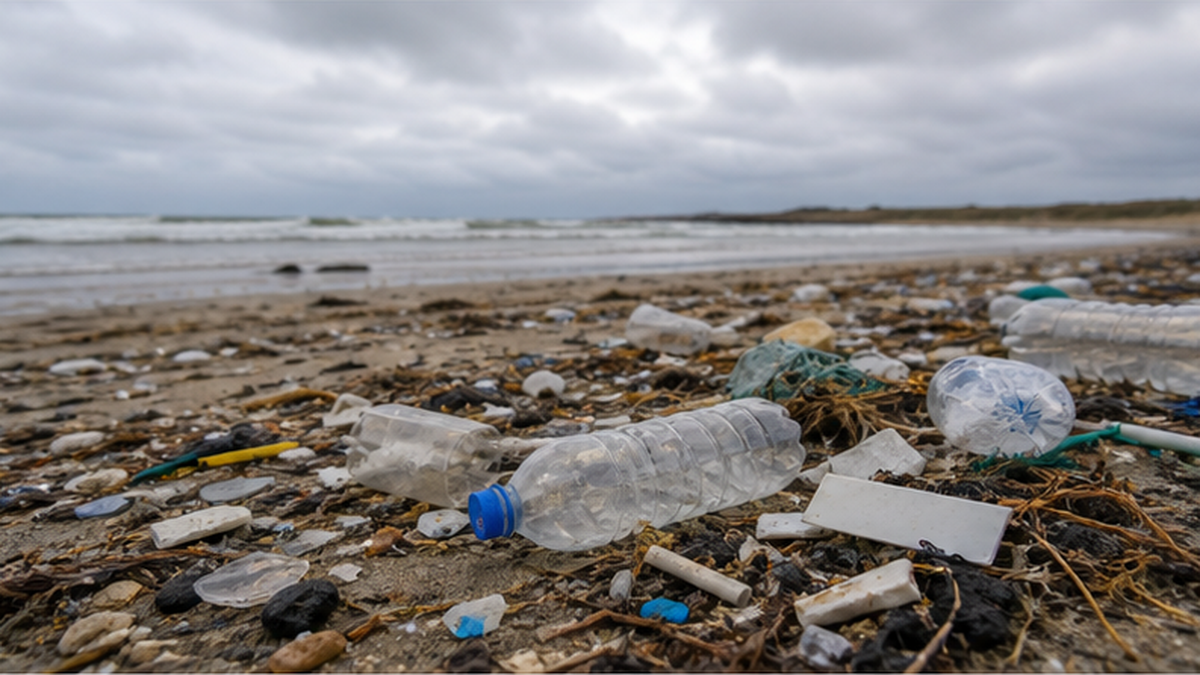 波の力で砕けたプラスチックごみが打ち上げられた砂浜