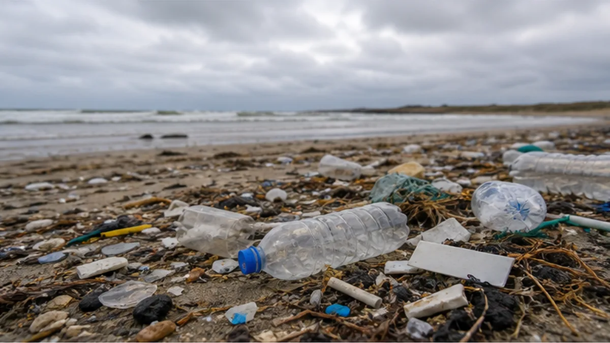 波の力で砕けたプラスチックごみが打ち上げられた砂浜