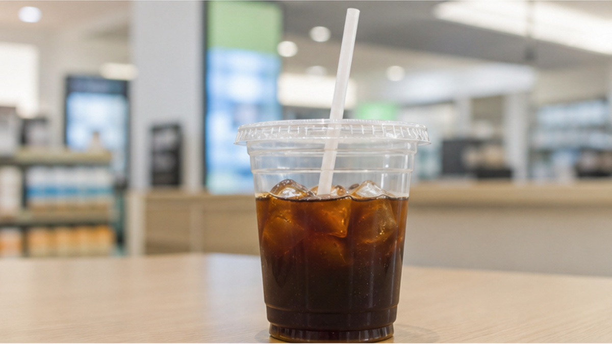 コンビニのアイスコーヒーカップに挿された白いストローのクローズアップ