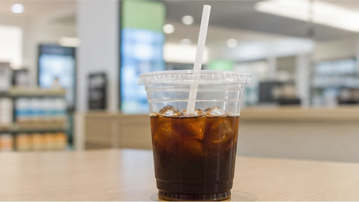 コンビニのアイスコーヒーカップに挿された白いストローのクローズアップ