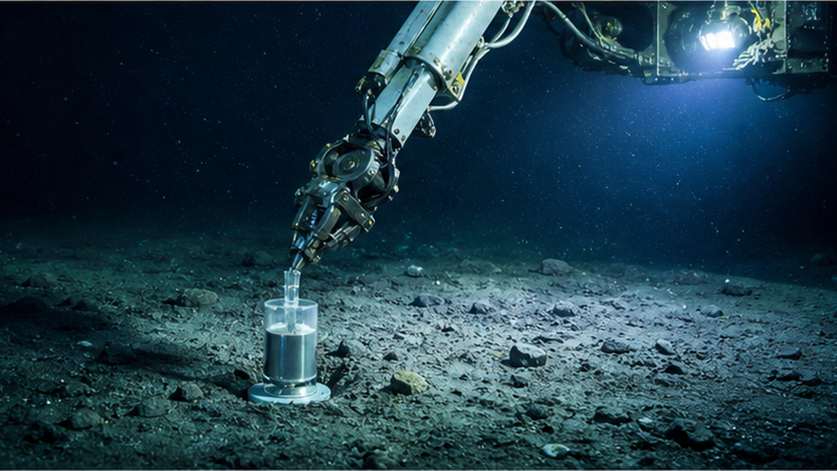 深海探査機が暗い海底でサンプルを設置している様子のイメージ